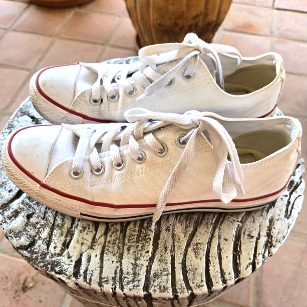 White Canvas Converse Sneakers with Red & Blue Accents